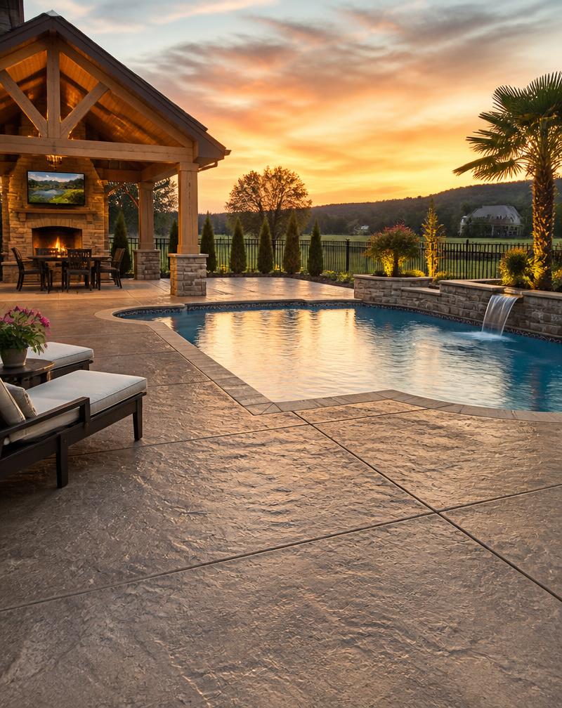 Premium stamped concrete pool deck at sunset